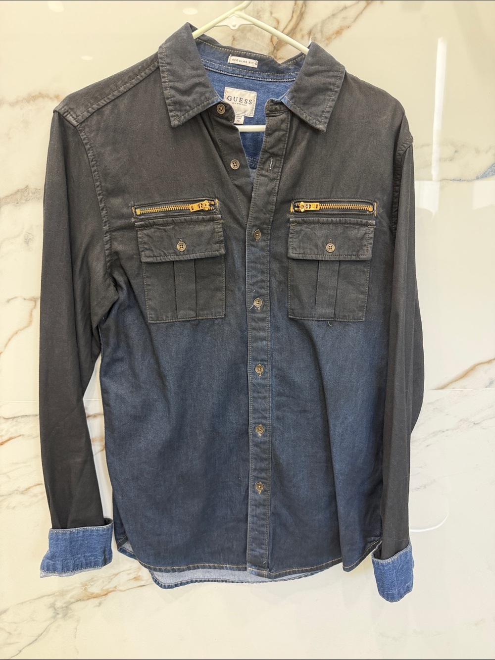 GUESS Two-Tone Black and Blue Denim Button-Down Utility Shirt